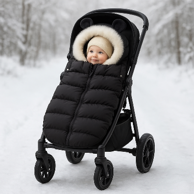 Bebe installe dans une poussette dans une chanceliere noir avec fourrure blanche