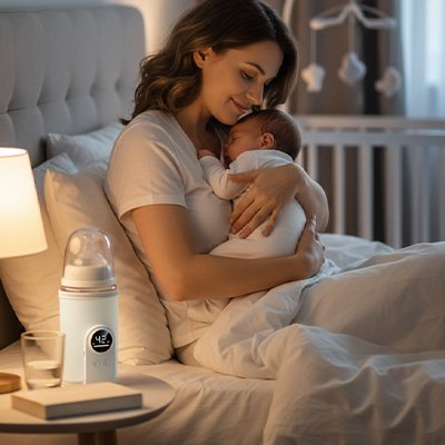 Chauffe biberon nomade bébé dans le bras de maman