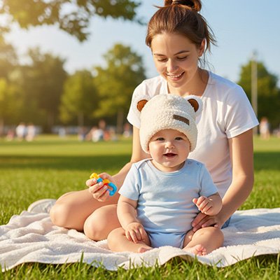 Bonnet bebe beige sur la tête du bébé