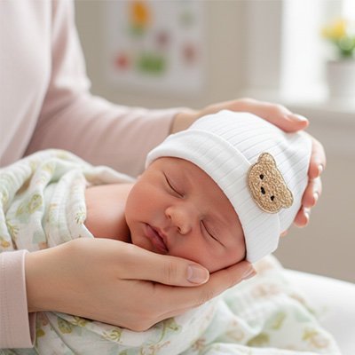 Bonnet bebe  blanc avec motif ours