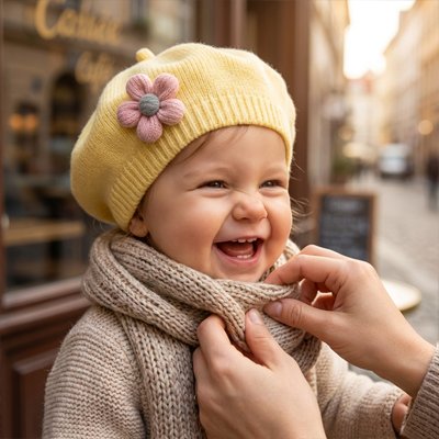 Bonnet bebe jaune fille contente