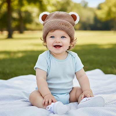 Bonnet bebe marron bébé content au parc