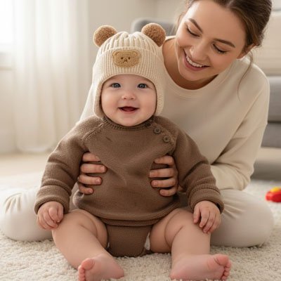 Bonnet bebe ours beige en coton confortable