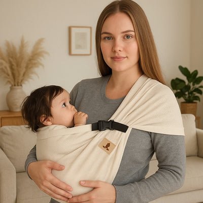 echarpe de portage beige bebe dans les bras de maman 